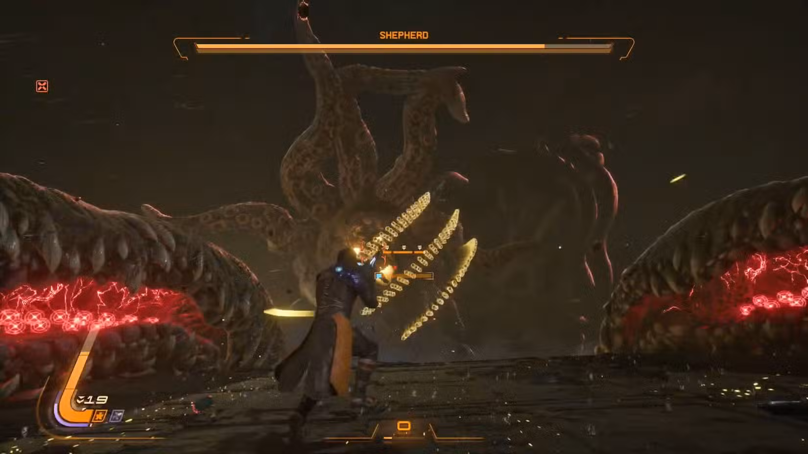 Uma captura de tela de Saros mostrando a segunda fase da luta contra o chefe Shepherd