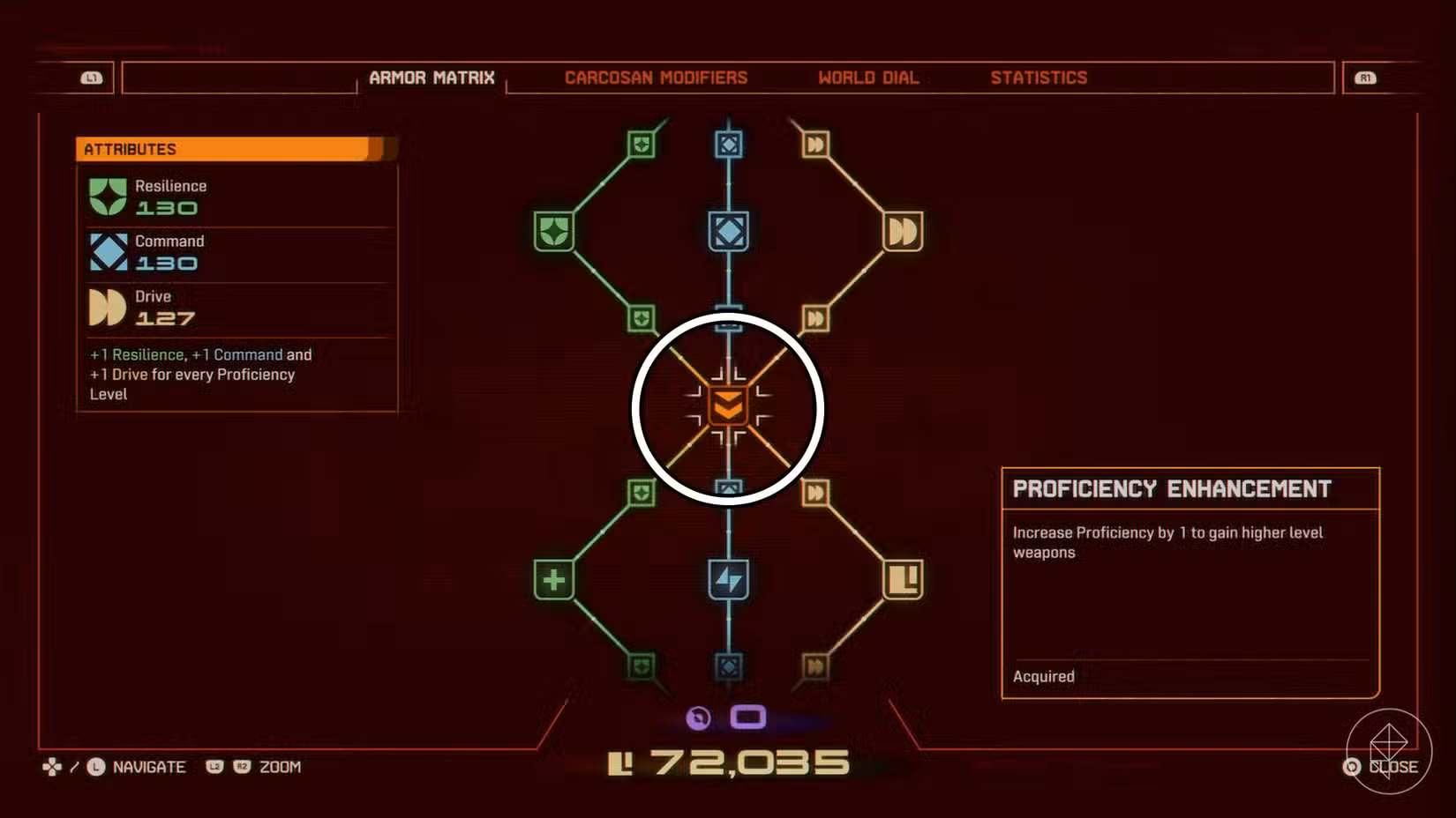 Um quadrado laranja com duas setas para baixo encontrado na Matriz de Armadura em Saros.