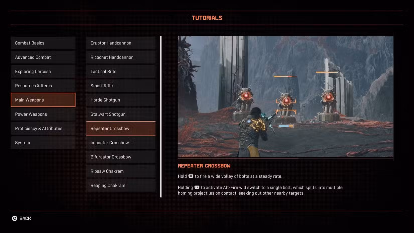 A tela do tutorial do Repeater Crossbow em Saros.