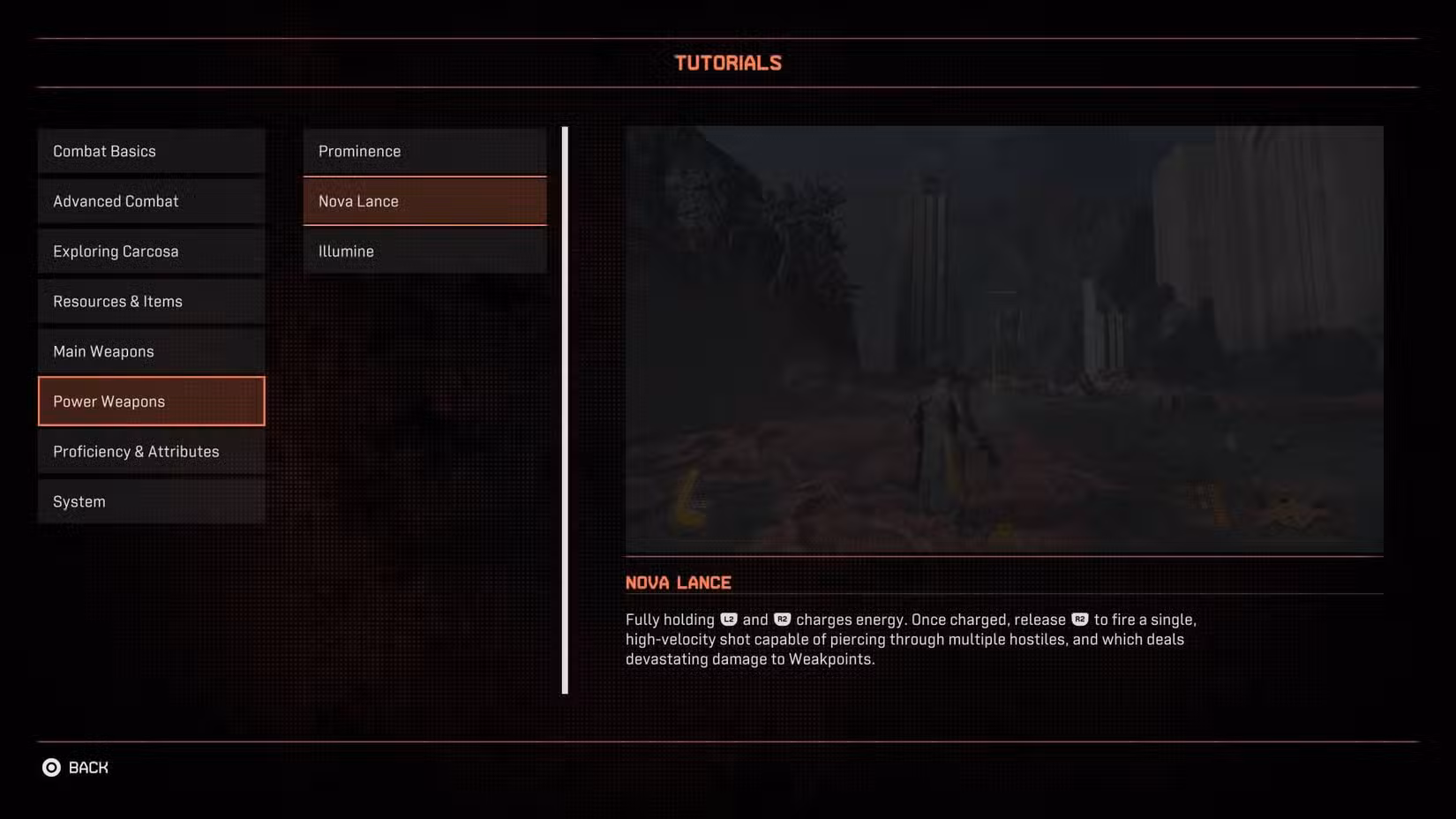 A tela do tutorial do Nova Lance em Saros.