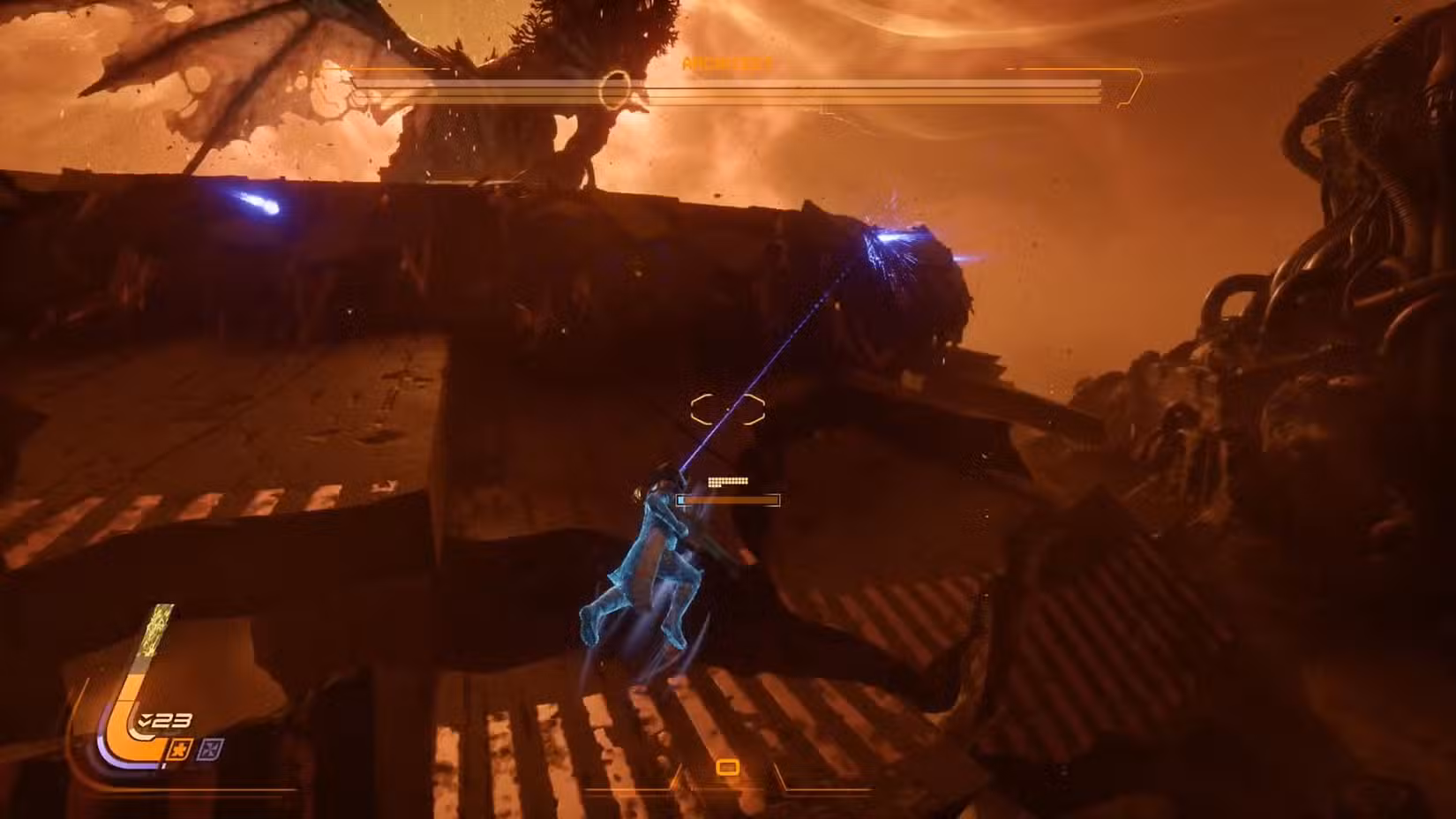 Uma captura de tela de Saros mostrando o personagem principal usando um gancho para voltar para uma arena