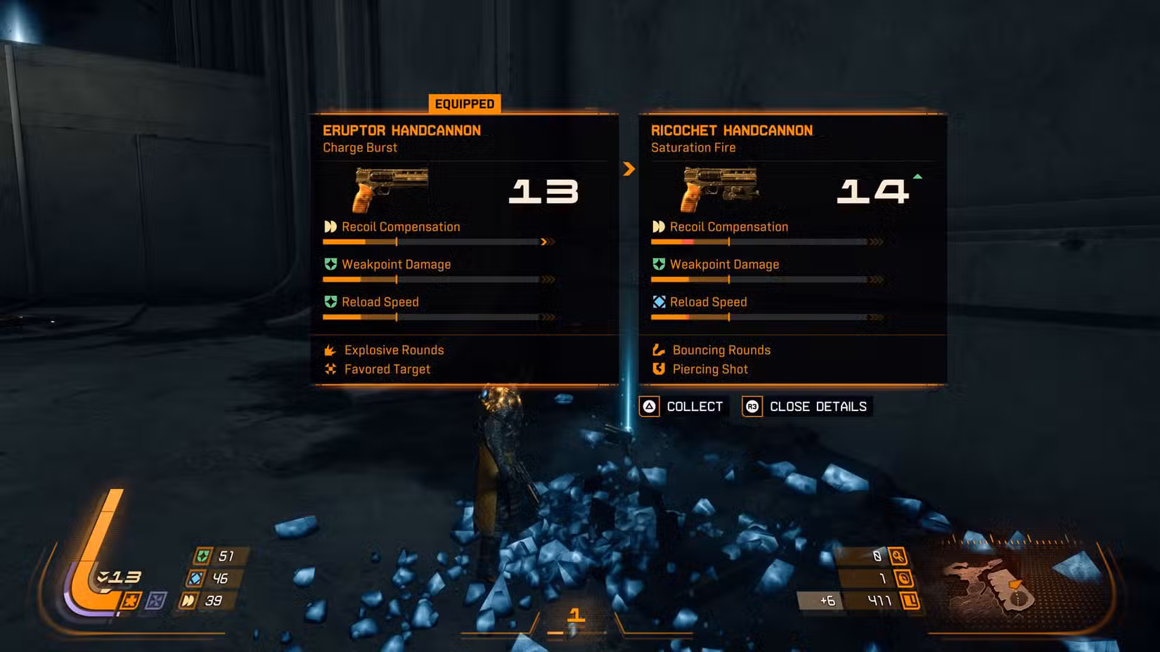 Uma captura de tela de Saros mostrando as estatísticas de duas pistolas diferentes no jogo