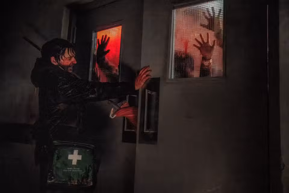 Bryan (Austin Abrams) segura uma porta de zumbis em Resident Evil 2026