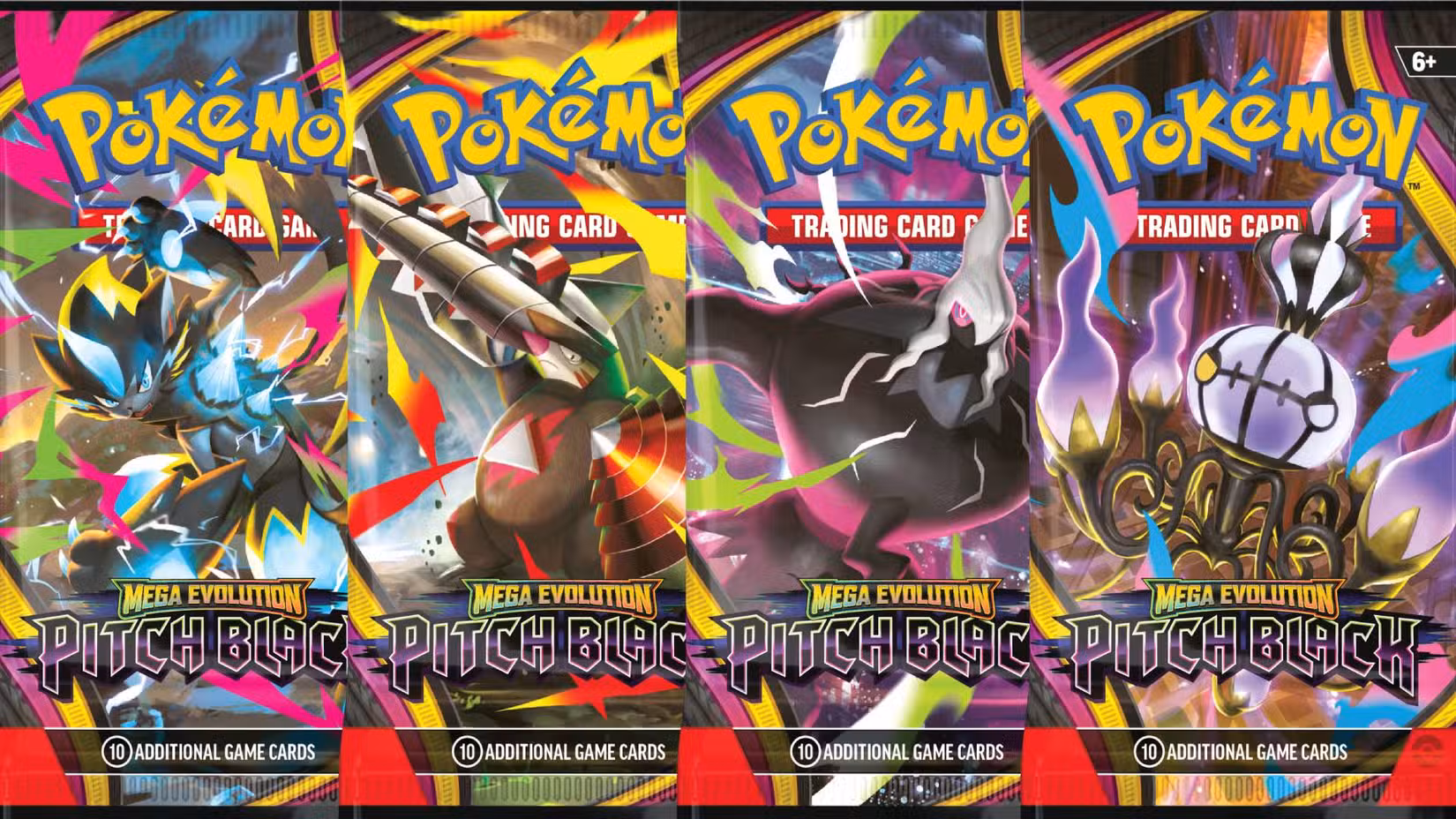 Os quatro boosters da expansão Pokémon TCG Mega Evolution Pitch Black sobrepostos em uma imagem.