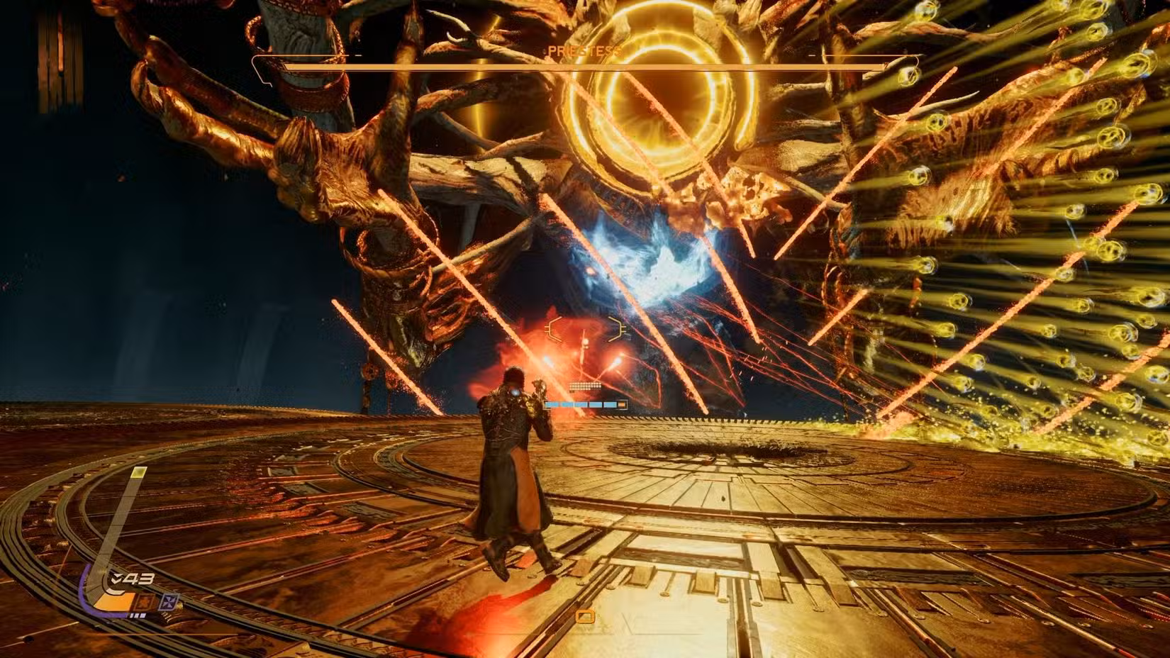 A Sacerdotisa lançando linhas vermelhas em direção ao jogador em Saros.