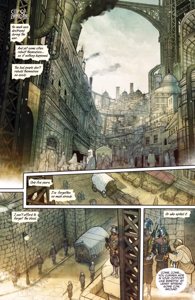 Uma página inteira da edição nº 1 da Monstress mostrando uma carroça navegando pelas ruas densas de uma cidade steampunk