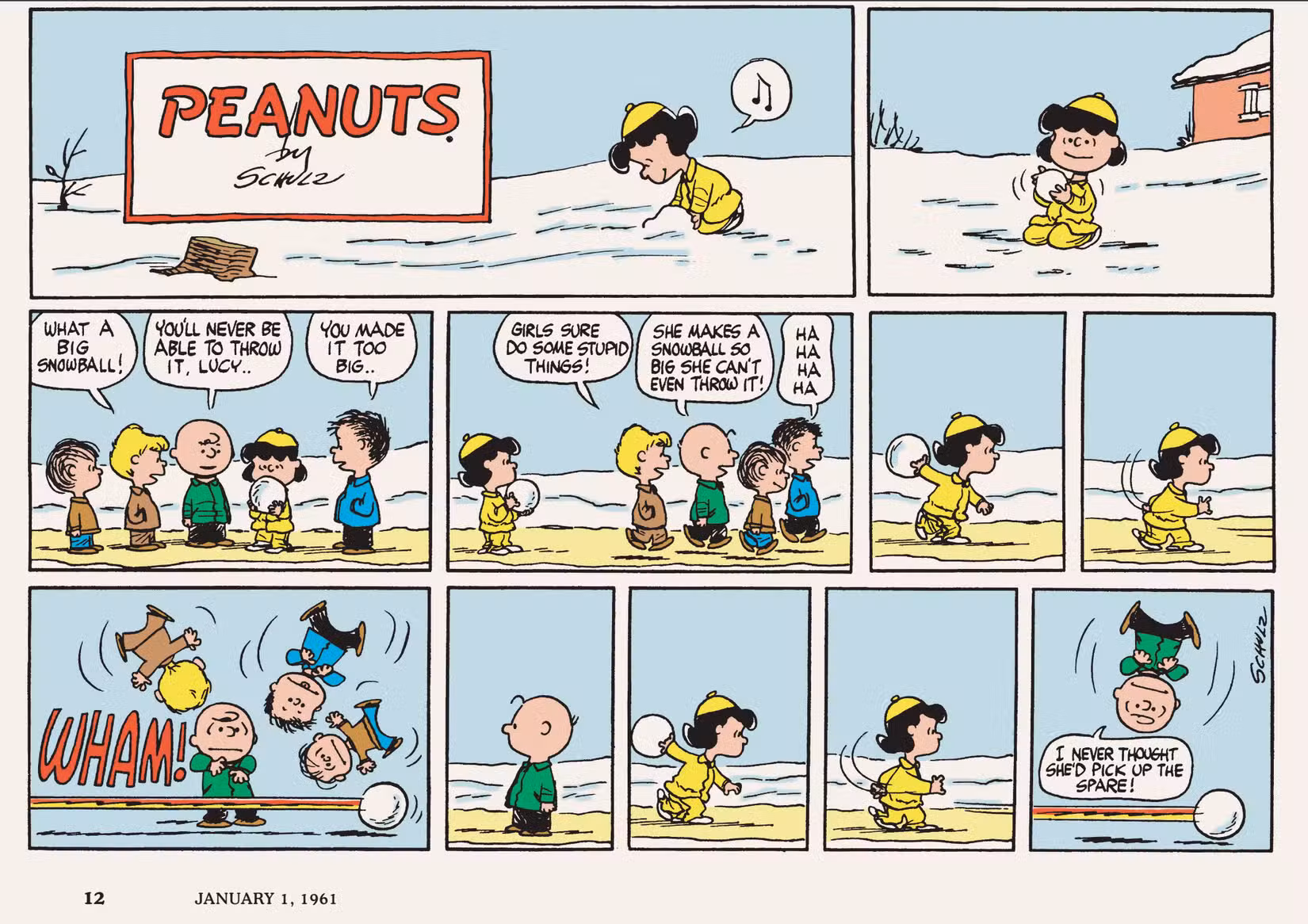 Uma tira de Peanuts mostra Lucy fazendo uma grande bola de neve. Charlie Brown e três outros meninos zombam dela por seu tamanho, então ela a usa como bola de boliche para derrubá-los.
