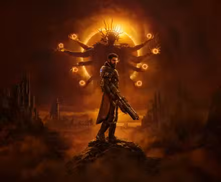 Devraj está na frente de um ser com vários braços em Saros.