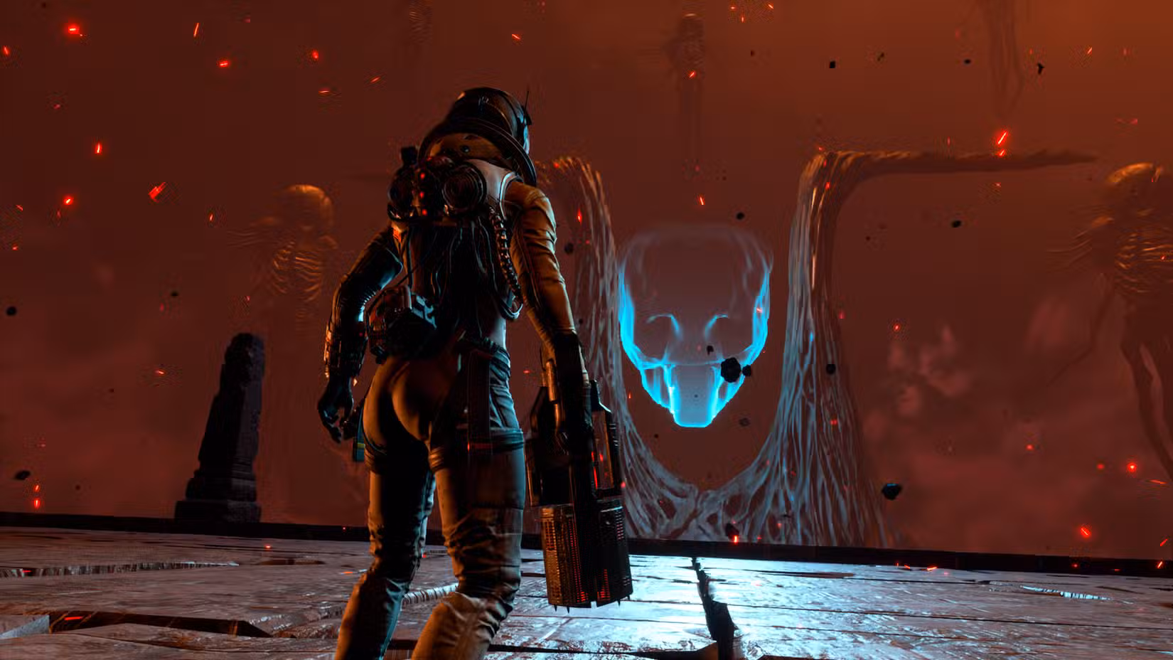 A luta contra o chefe Nemesis em Returnal