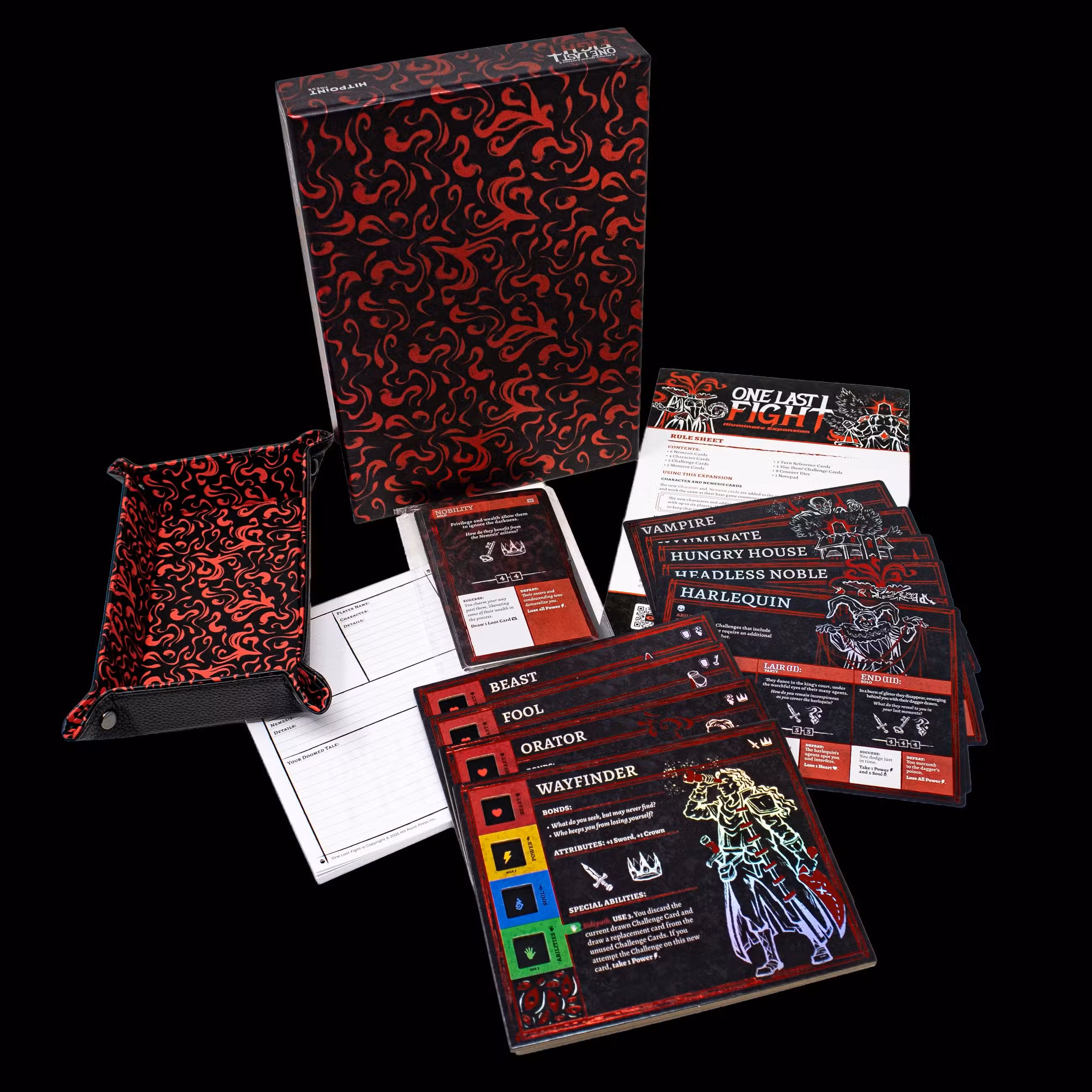 A expansão One Last Fight Illuminate, com cartas de herói para Wayfinder, Orator, Fool e Beast, e cartas de nêmesis para Hungry House, Headless Noble, Harlequin, Vampire e Illuminate