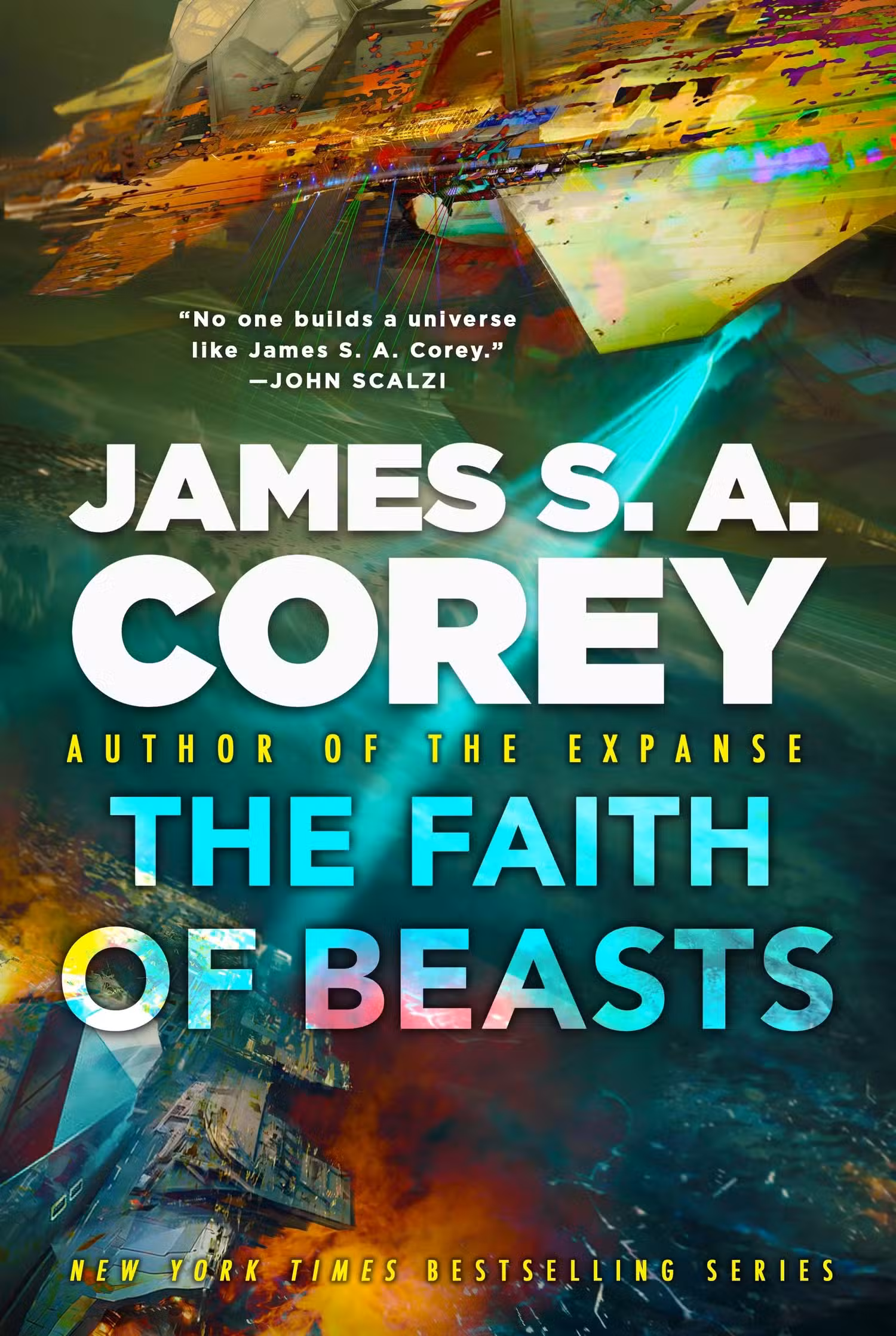 A capa do livro The Faith of Beasts, de James SA Corey, apresentando duas plataformas abstratas do que parece ser uma nave espacial complicada, um feixe de luz brilhando entre elas