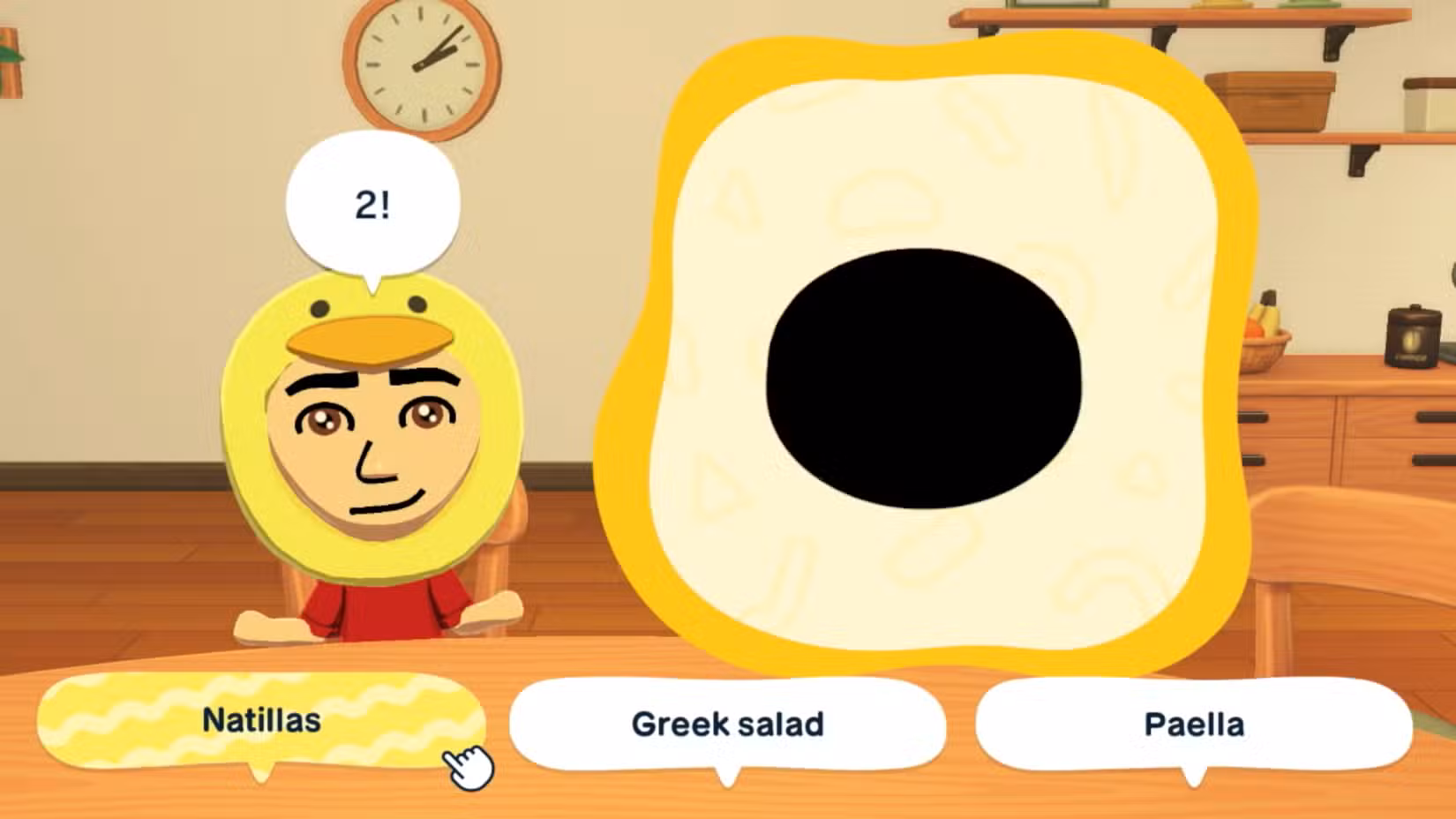 Um Mii com chapéu de galinha pergunta que sombra é um círculo em Tomodachi Life: Living the Dream.