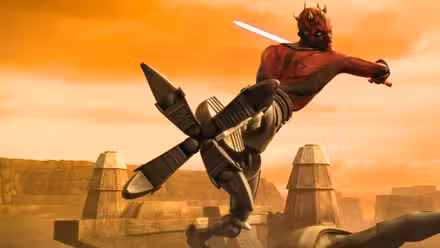 Uma imagem de Darth Maul de The Clone Wars. Mostra-o no ar, com pernas aderentes. Ele empunha um sabre de luz vermelho e parece irritado.