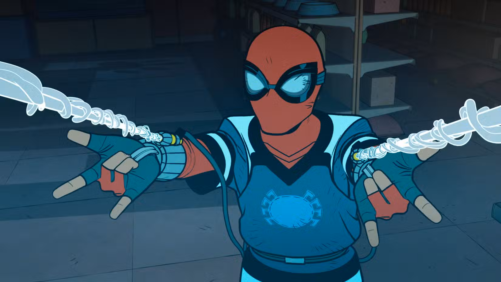 Peter em uma fantasia improvisada de Homem-Aranha, atirando teias em seus pulsos. Do seu amigável bairro, Homem-Aranha
