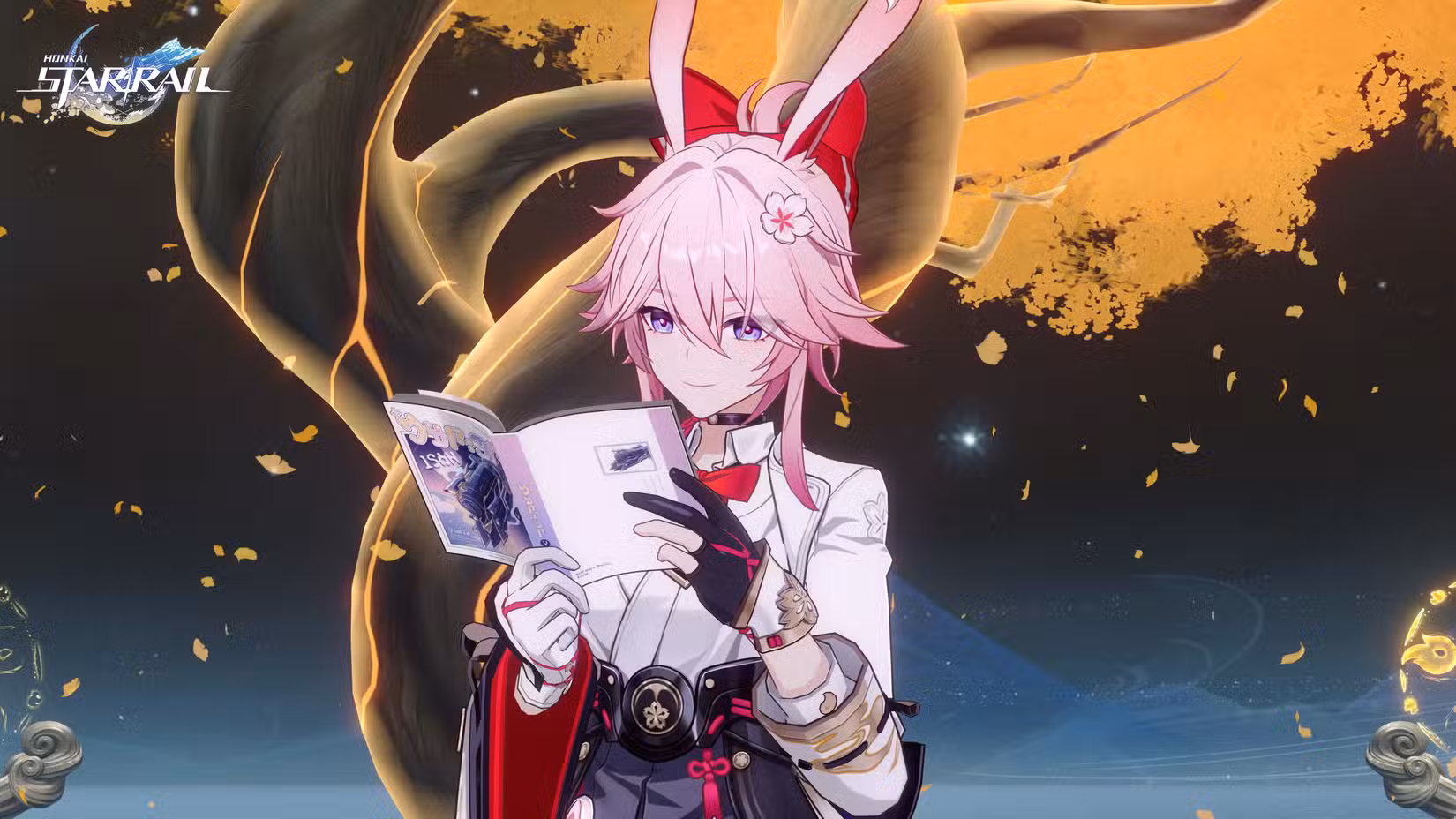 Evanescia em Honkai: Star Rail, uma garota de cabelo rosa e orelhas compridas lendo um livro.