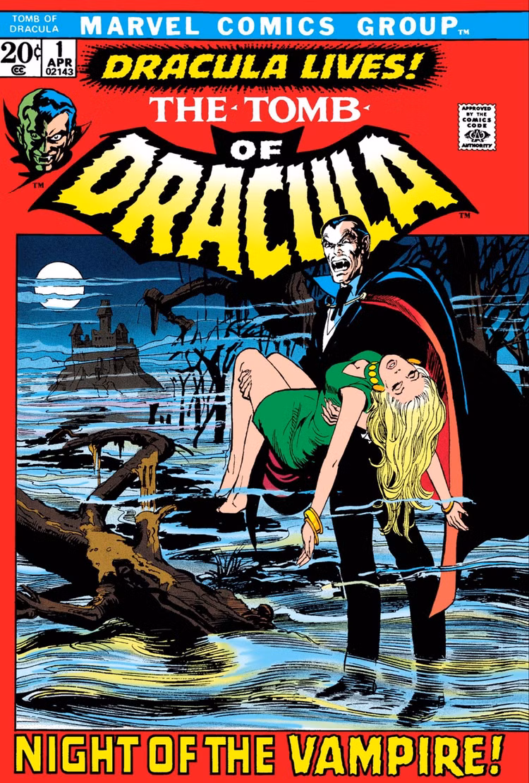Capa da tumba do Drácula 1, Drácula da Marvel carrega uma mulher loira que desmaiou, com os dentes à mostra
