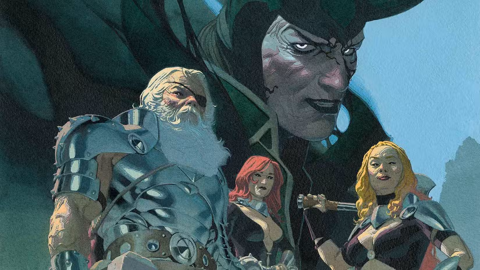 Todo-Pai Thor, duas de suas netas, as deusas do trovão, e Loki, na capa de King Thor #1, Marvel Comics (2019).