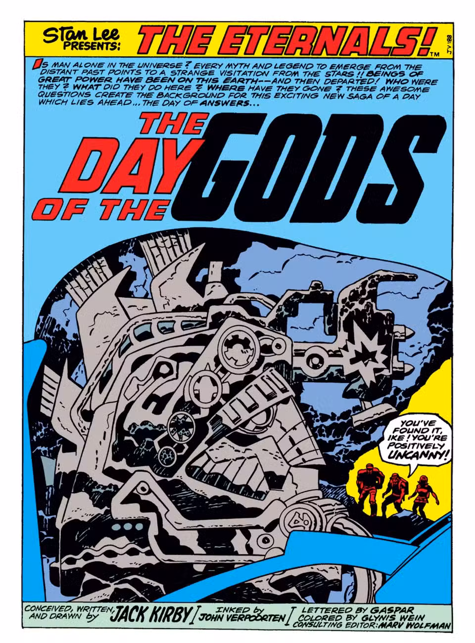 Abrindo a página inicial de Eternals #1 com arte de Jack Kirby, três exploradores contemplam uma enorme estátua