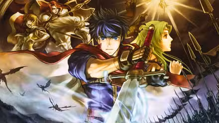 Uma imagem de Fire Emblem Path of Radiance, apresentando Ike, um protagonista de cabelo azul com músculos e uma espada enorme.