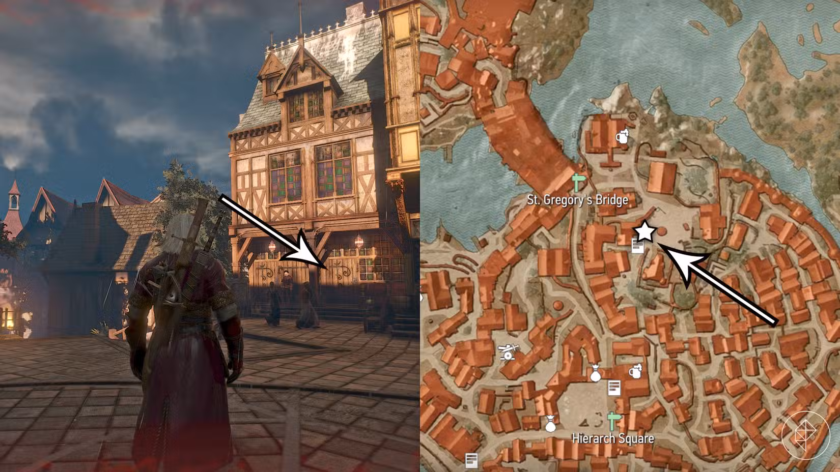 Uma seta aponta para a localização do comerciante que vende uma Poção de Liberação em The Witcher 3: Wild Hunt.