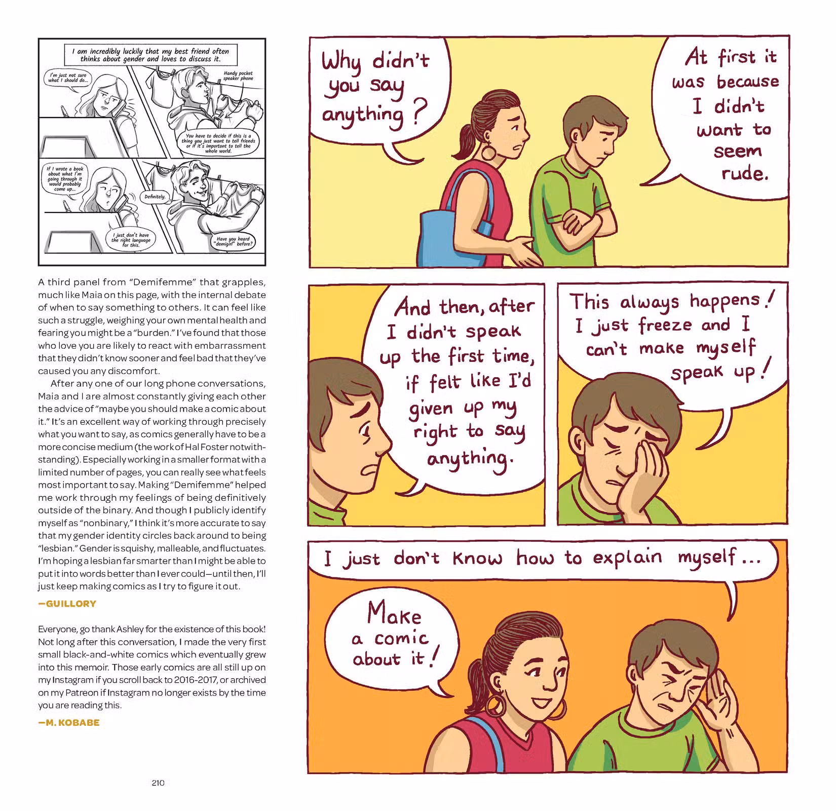 Gender Queer de Maia Kobabe, edições comentadas - Uma página em que Maia luta para não ter se manifestado quando errou o gênero em uma convenção e é incentivada a fazer uma história em quadrinhos sobre isso