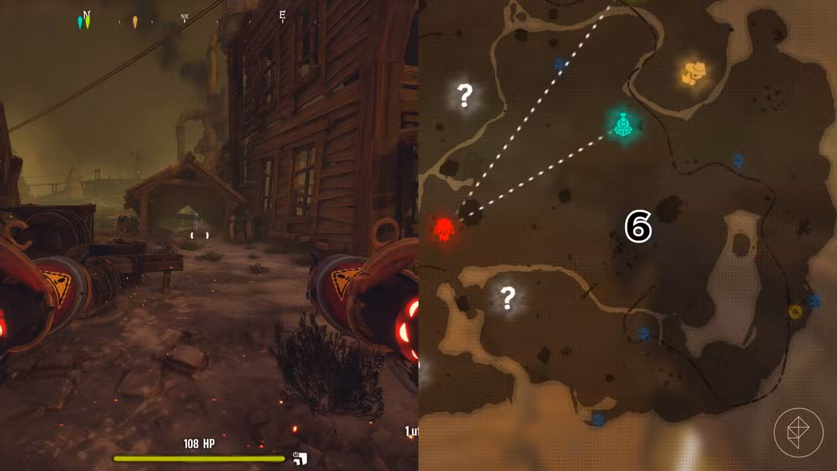 O lado direito da imagem mostra a localização do túmulo no mapa Far West em Far Far West marcado pelo seu respectivo número, enquanto o lado esquerdo da imagem mostra o jogador parado em frente ao túmulo no jogo.