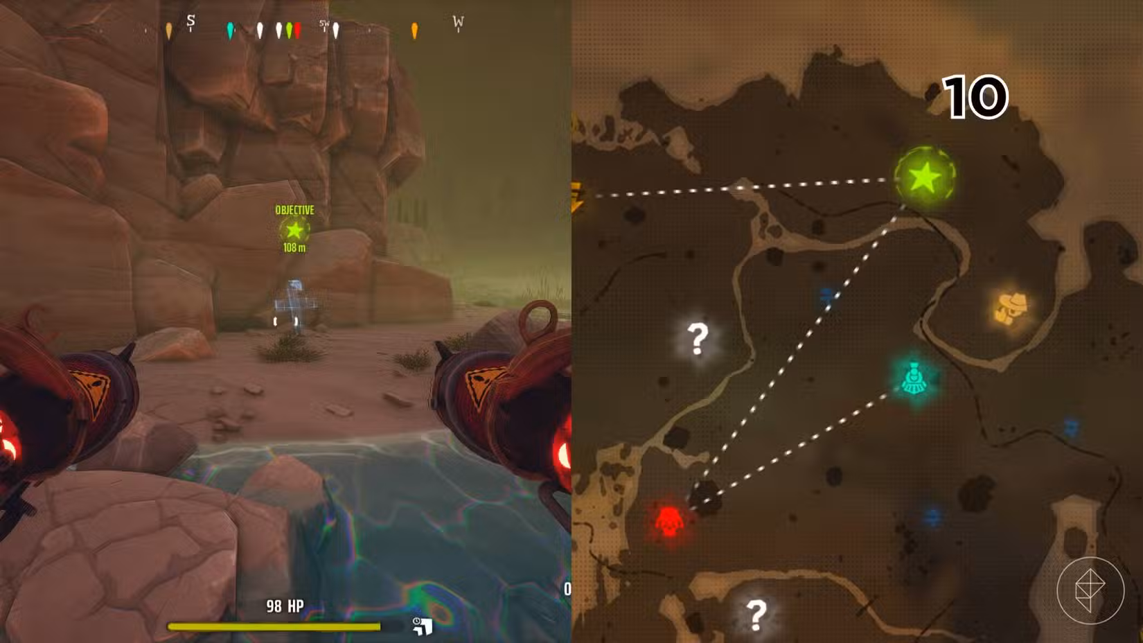 O lado direito da imagem mostra a localização do túmulo no mapa Far West em Far Far West marcado pelo seu respectivo número, enquanto o lado esquerdo da imagem mostra o jogador parado em frente ao túmulo no jogo.