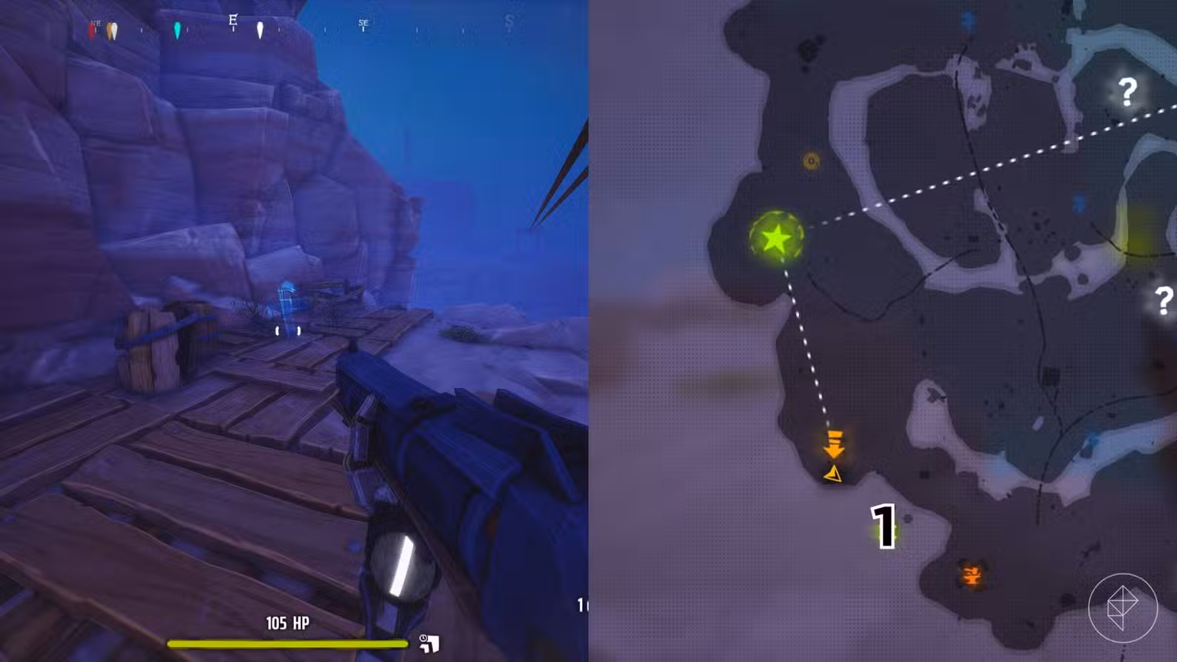 O lado direito da imagem mostra a localização do túmulo marcado no mapa Canyon do jogo em Far Far West, enquanto o lado esquerdo mostra o jogador no jogo parado em frente ao túmulo.