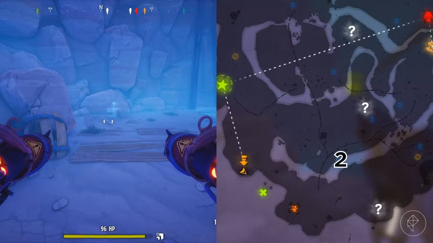 O lado direito da imagem mostra a localização do túmulo marcado no mapa Canyon do jogo em Far Far West, enquanto o lado esquerdo mostra o jogador no jogo parado em frente ao túmulo.