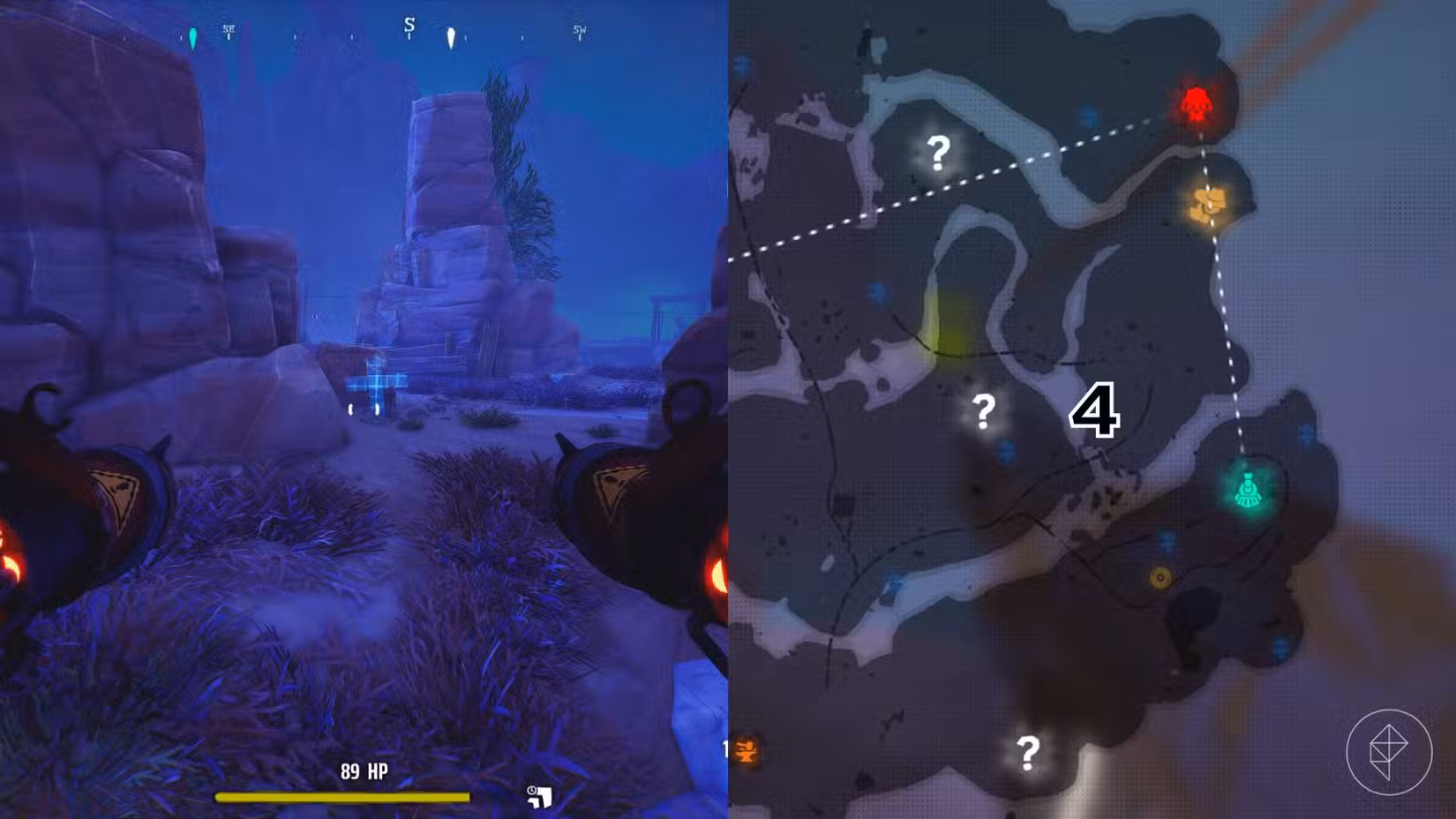 O lado direito da imagem mostra a localização do túmulo marcado no mapa Canyon do jogo em Far Far West, enquanto o lado esquerdo mostra o jogador no jogo parado em frente ao túmulo.