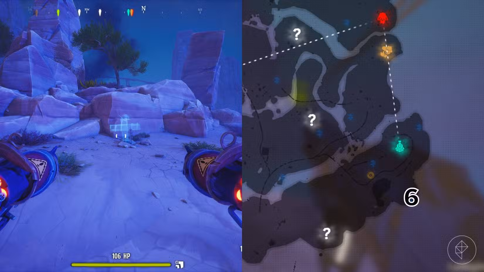 O lado direito da imagem mostra a localização do túmulo marcado no mapa Canyon do jogo em Far Far West, enquanto o lado esquerdo mostra o jogador no jogo parado em frente ao túmulo.