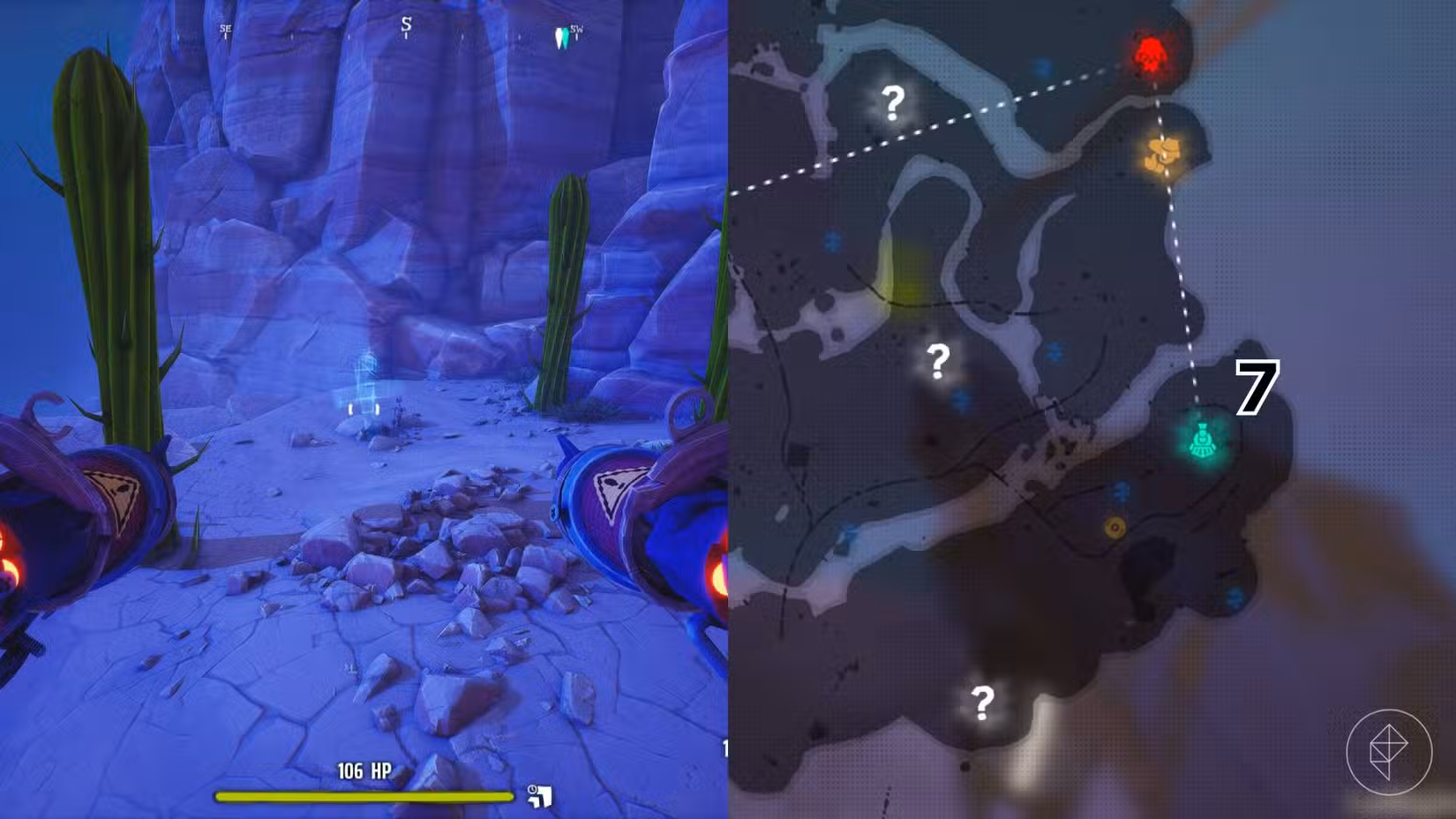 O lado direito da imagem mostra a localização do túmulo marcado no mapa Canyon do jogo em Far Far West, enquanto o lado esquerdo mostra o jogador no jogo parado em frente ao túmulo.