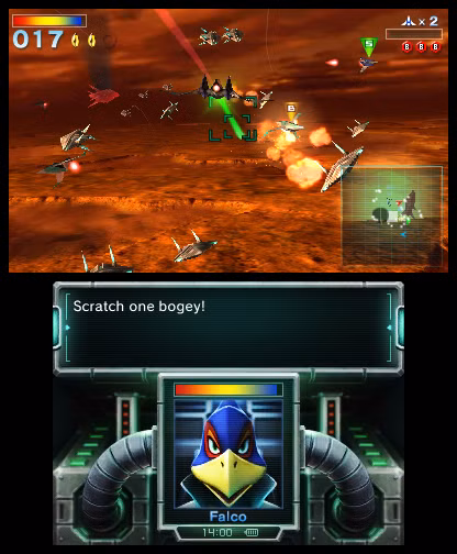 Falco avisa Fox para desviar de lasers em Star Fox 64 3D