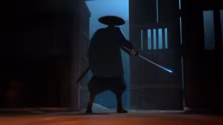 Mizu aparece em silhueta contra uma porta, segurando uma espada brilhante, em Blue Eye Samurai