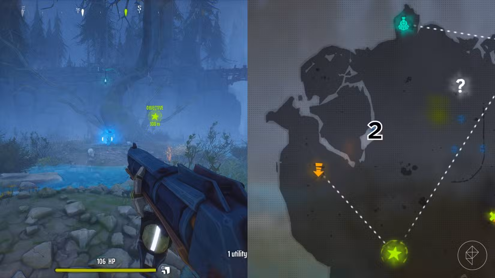 O lado direito da imagem mostra a localização do túmulo específico marcado no mapa Woodlands em Far Far West com um número, enquanto o lado esquerdo mostra o jogador no jogo parado próximo ao túmulo.