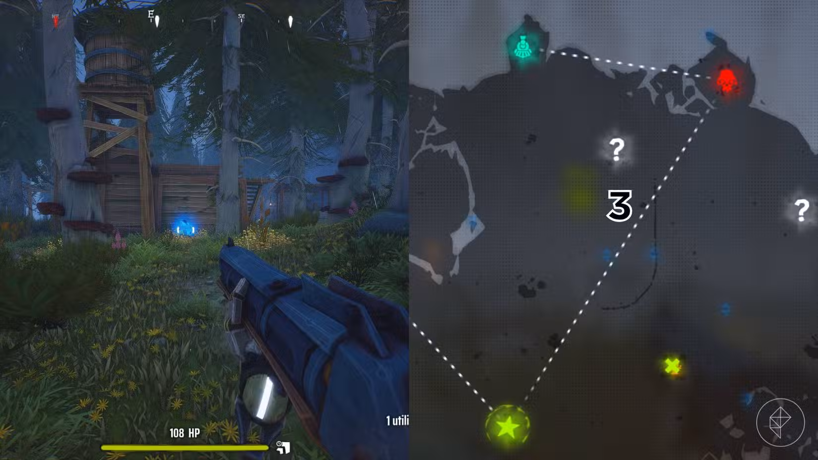O lado direito da imagem mostra a localização do túmulo específico marcado no mapa Woodlands em Far Far West com um número, enquanto o lado esquerdo mostra o jogador no jogo parado próximo ao túmulo.