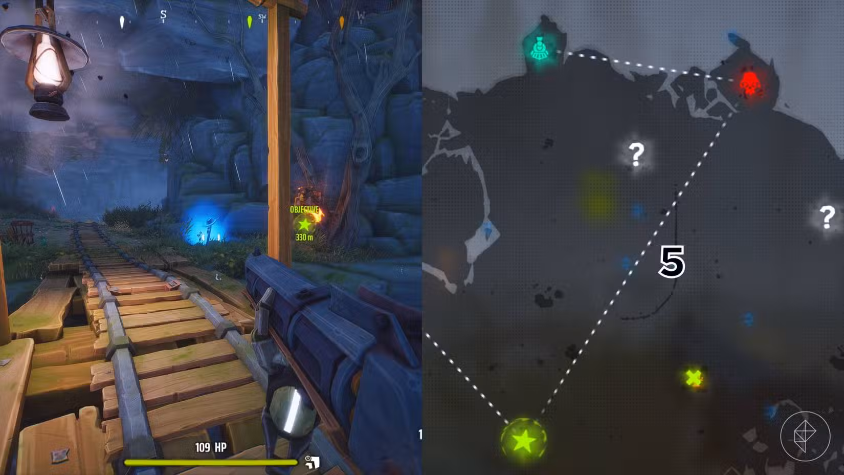O lado direito da imagem mostra a localização do túmulo específico marcado no mapa Woodlands em Far Far West com um número, enquanto o lado esquerdo mostra o jogador no jogo parado próximo ao túmulo.