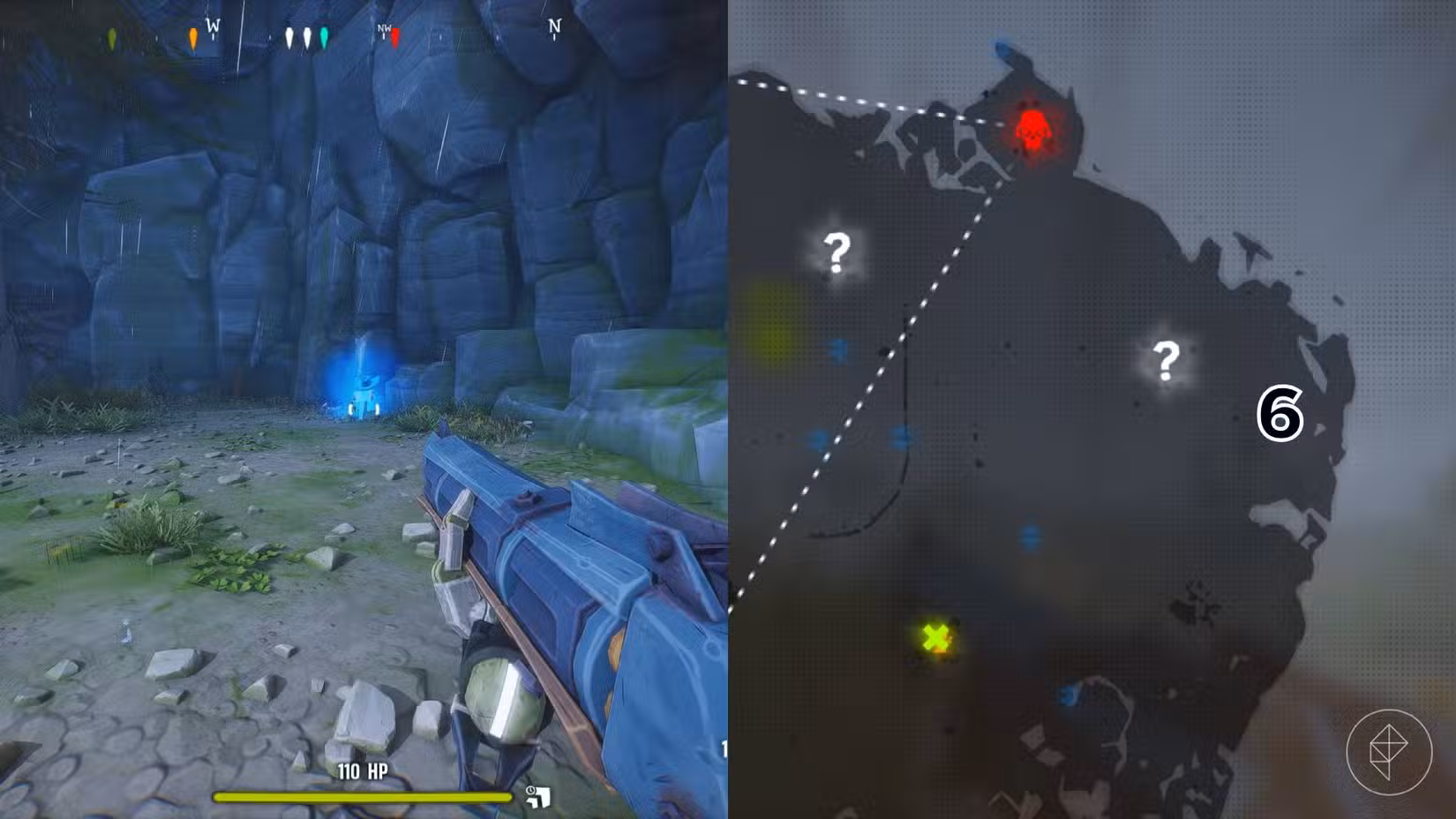 O lado direito da imagem mostra a localização do túmulo específico marcado no mapa Woodlands em Far Far West com um número, enquanto o lado esquerdo mostra o jogador no jogo parado próximo ao túmulo.
