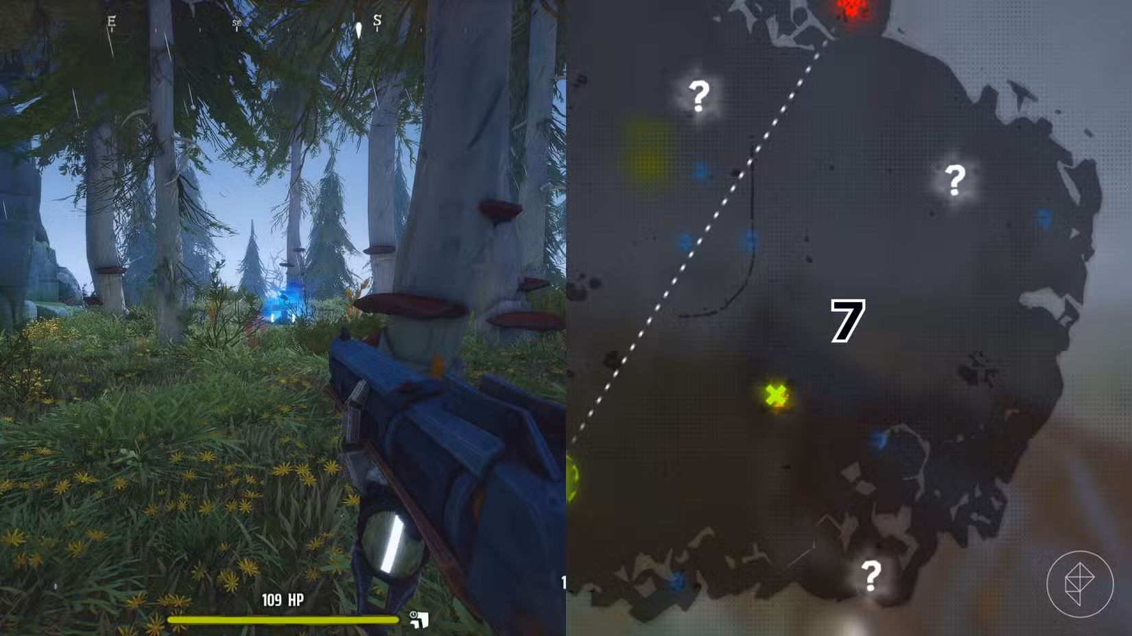O lado direito da imagem mostra a localização do túmulo específico marcado no mapa Woodlands em Far Far West com um número, enquanto o lado esquerdo mostra o jogador no jogo parado próximo ao túmulo.