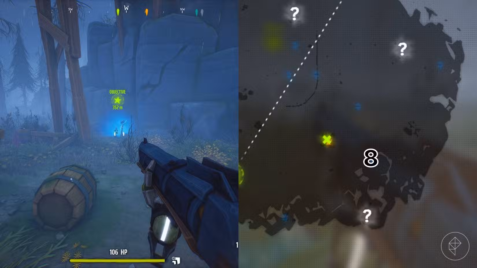 O lado direito da imagem mostra a localização do túmulo específico marcado no mapa Woodlands em Far Far West com um número, enquanto o lado esquerdo mostra o jogador no jogo parado próximo ao túmulo.