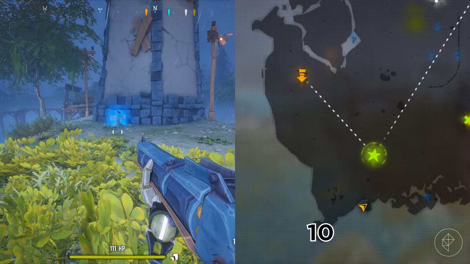 O lado direito da imagem mostra a localização do túmulo específico marcado no mapa Woodlands em Far Far West com um número, enquanto o lado esquerdo mostra o jogador no jogo parado próximo ao túmulo.