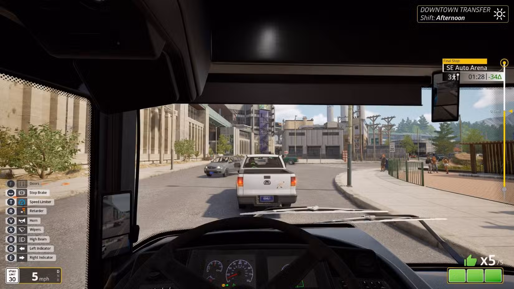 O jogador ao volante de um ônibus em Bus Bound durante o dia.