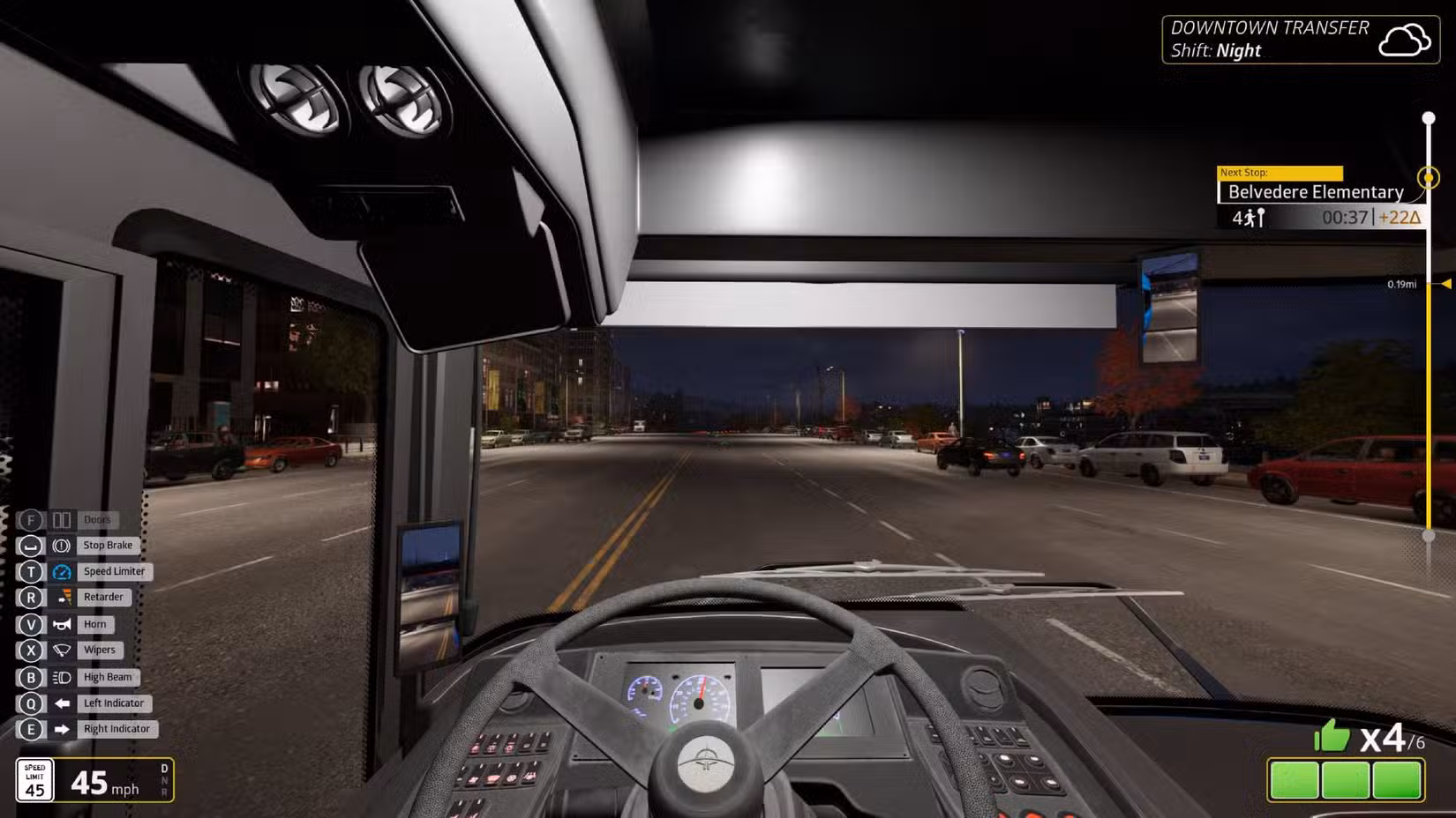 O jogador ao volante de um ônibus em Bus Bound à noite.