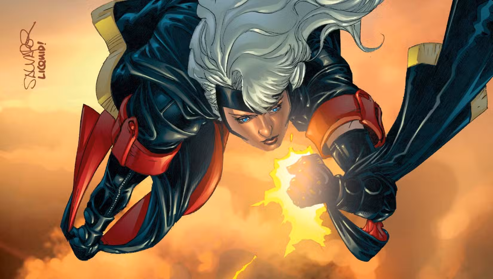 X-Treme X-Men 1, Tempestade voando pelo ar de cabeça para baixo enquanto relâmpagos crepitam no céu
