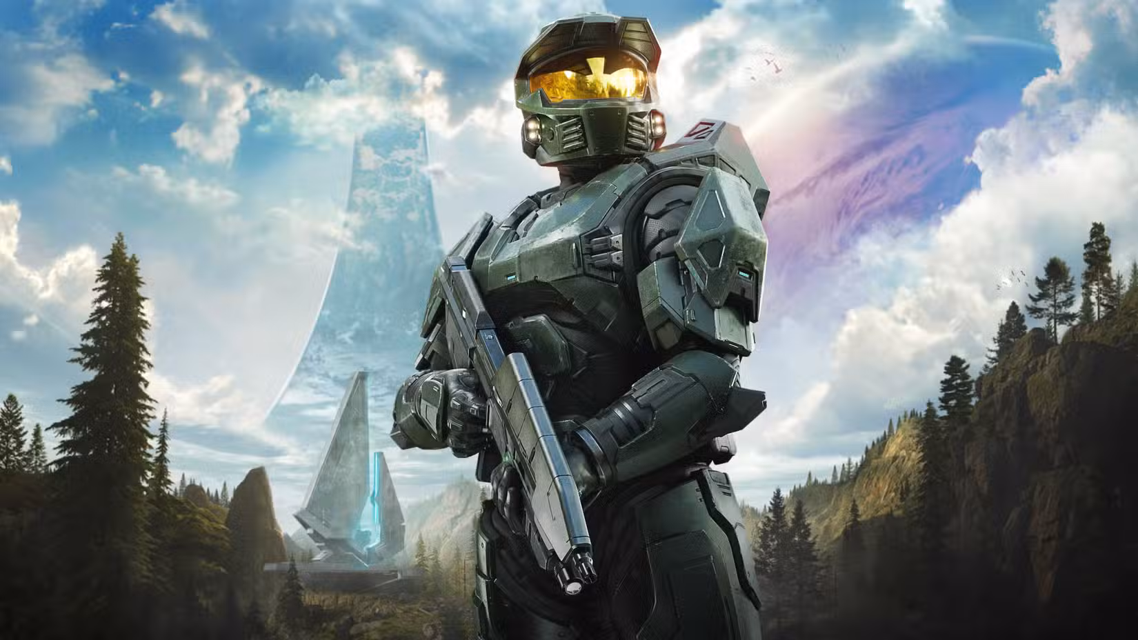 Master Chief segura um rifle de assalto na arte principal de Halo Campaign Evolved