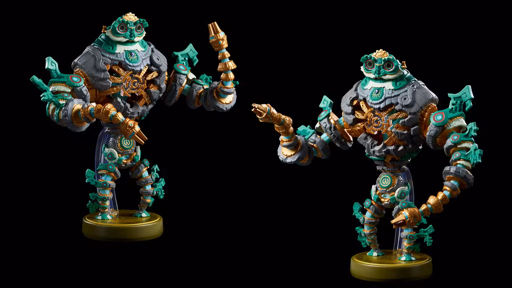 O amiibo Mineru's Construct exibindo seus braços articulados em duas poses diferentes