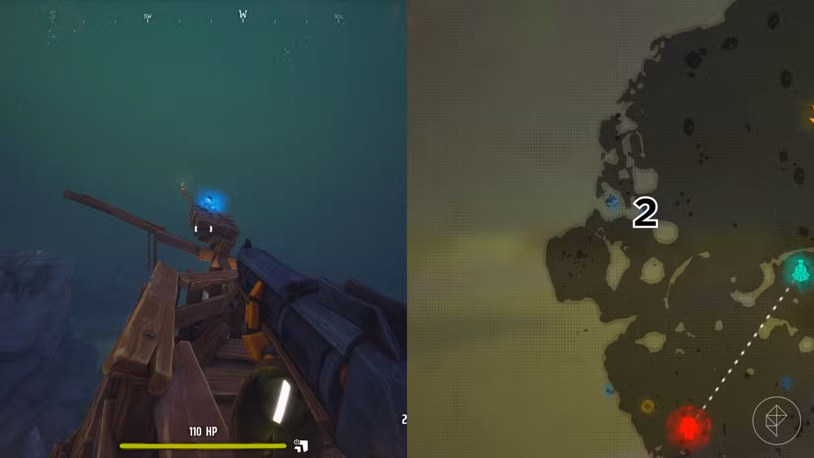 O lado direito da imagem mostra a localização do túmulo numerado no mapa da Área 41 em Far Far West, enquanto o lado esquerdo mostra o jogador parado em frente ao túmulo no jogo.