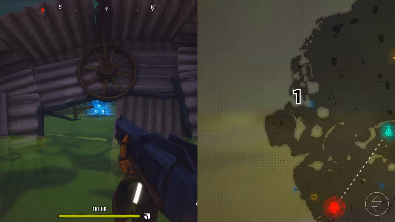 O lado direito da imagem mostra a localização do túmulo numerado no mapa da Área 41 em Far Far West, enquanto o lado esquerdo mostra o jogador parado em frente ao túmulo no jogo.
