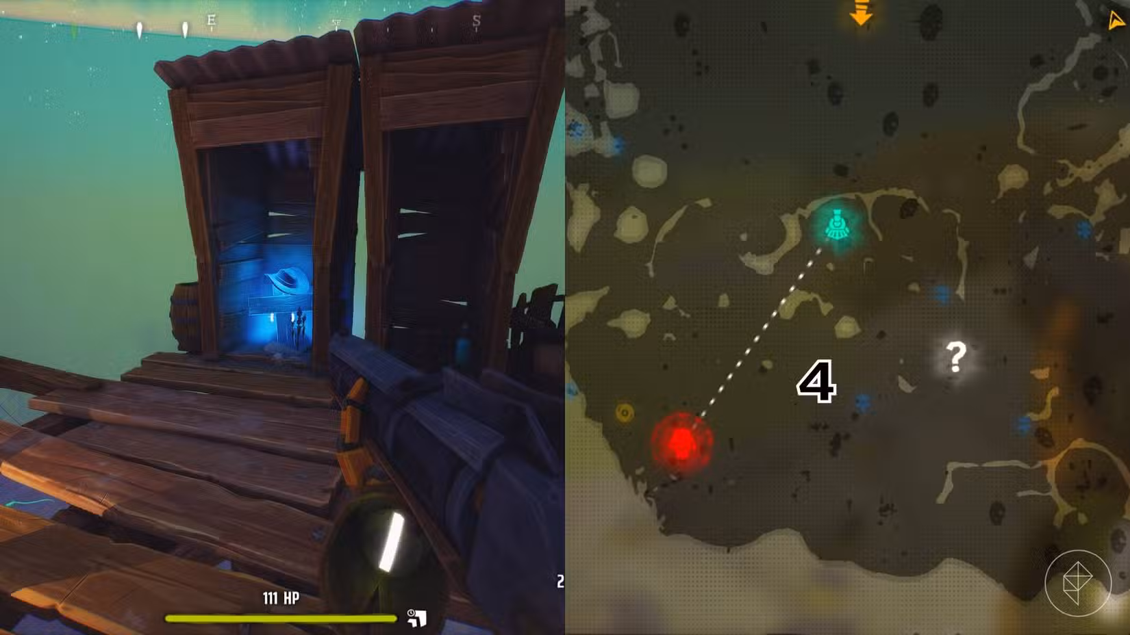 O lado direito da imagem mostra a localização do túmulo numerado no mapa da Área 41 em Far Far West, enquanto o lado esquerdo mostra o jogador parado em frente ao túmulo no jogo.