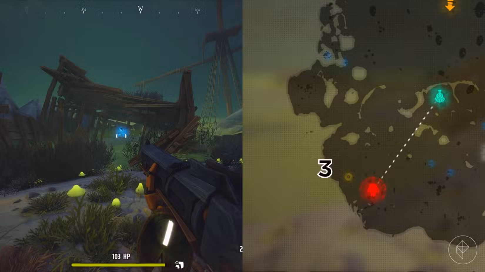 O lado direito da imagem mostra a localização do túmulo numerado no mapa da Área 41 em Far Far West, enquanto o lado esquerdo mostra o jogador parado em frente ao túmulo no jogo.